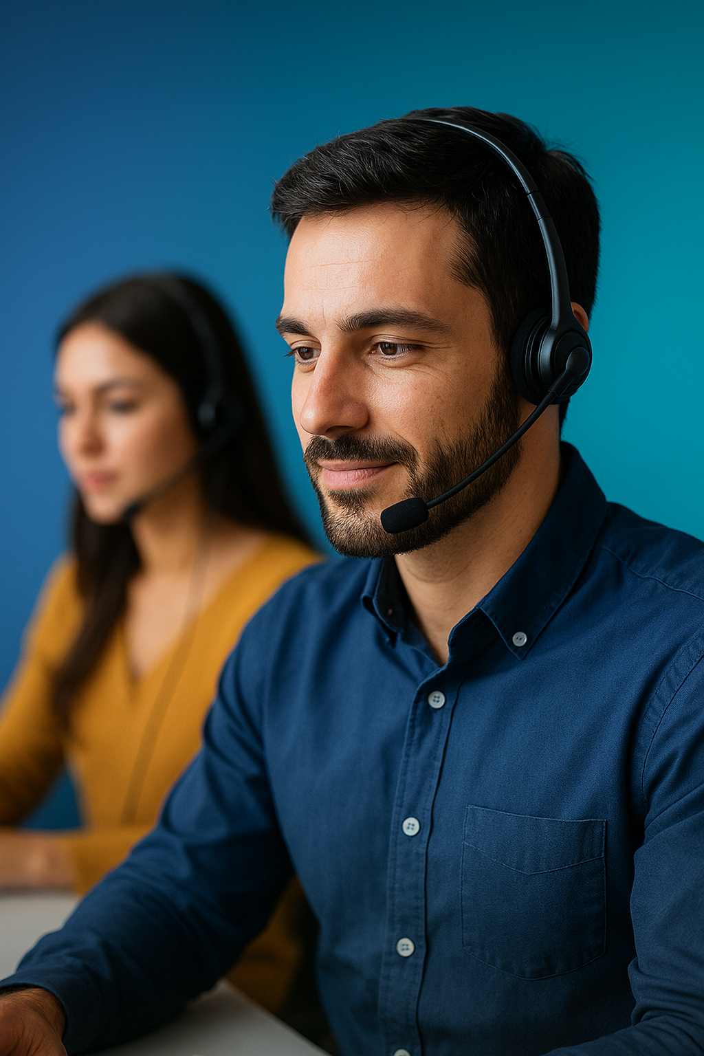 Agent del contact center de Telèfon Permanent atenent una trucada amb auriculars professionals