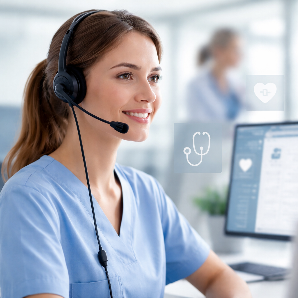 agente de call center medico atendiendo sonriente