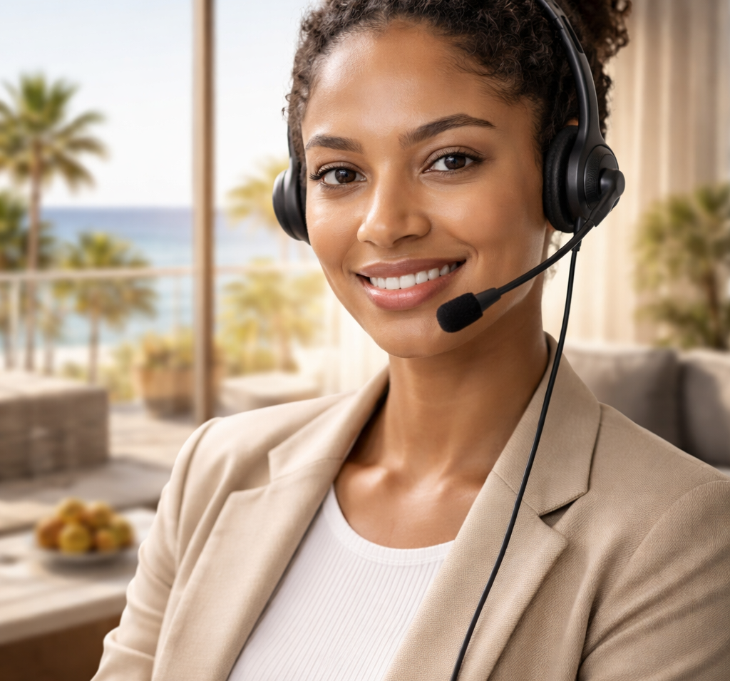 agente de call center trabajndo para apartamentos turísticos