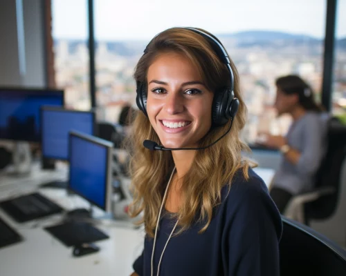 teleoperadora-joven-con-auriculares-de-voz-en-contact-center-de-Barcelona