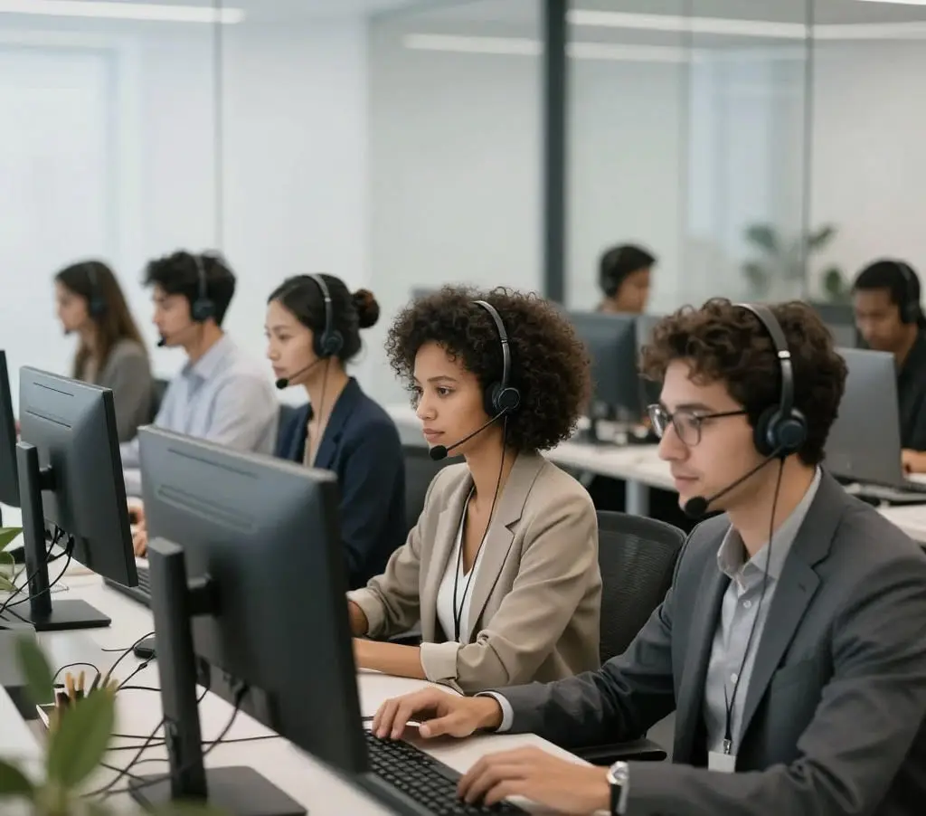 Equipo de teleoperadores del contact center Teléfono Permanente atendiendo la recepción de llamadas en Barcelona