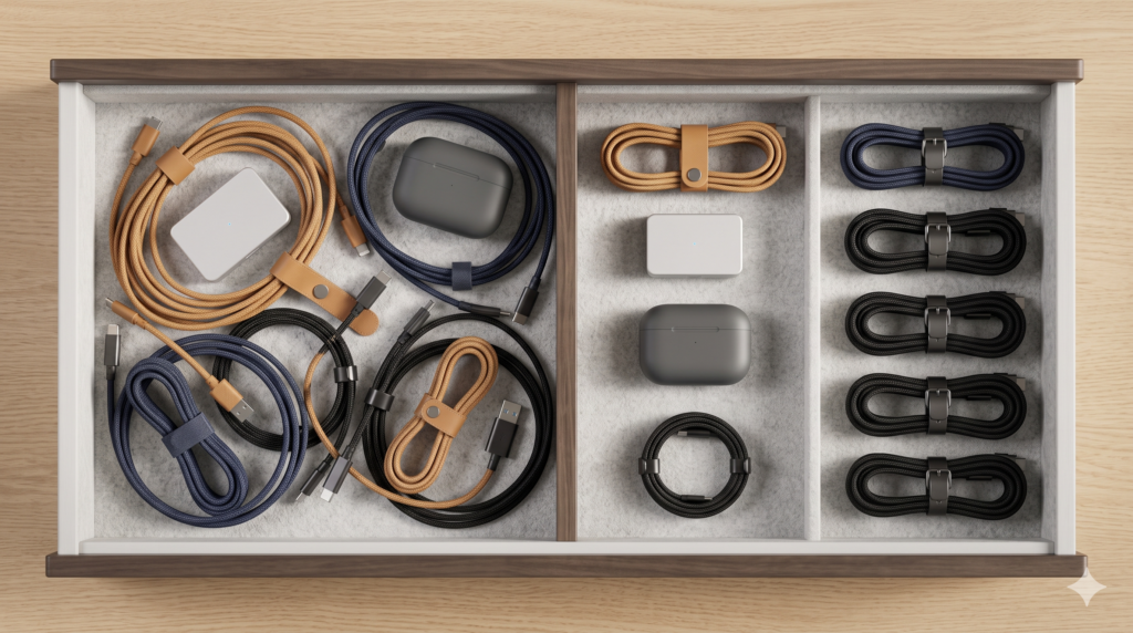 Cajón ordenado con cables y objetos tecnológicos bien organizados, metáfora de la presencia centralizada de Teléfono Permanente en LinkedIn