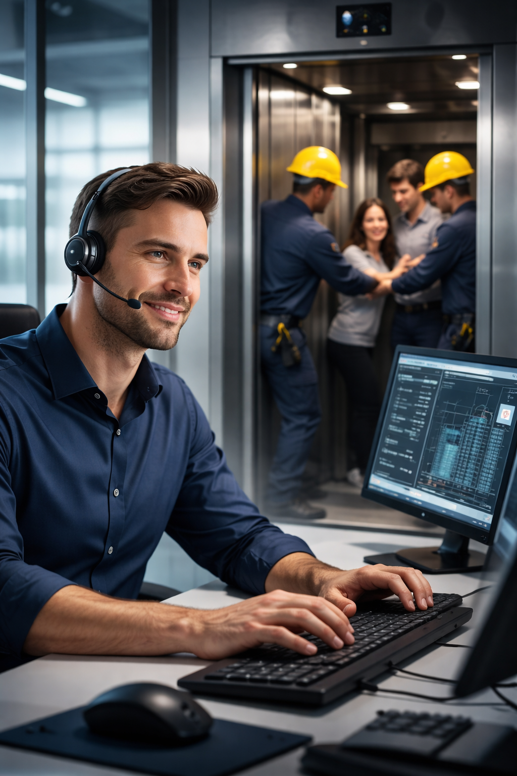 Teléfono Permanente agent coordinating with technicians to rescue people trapped in a lift